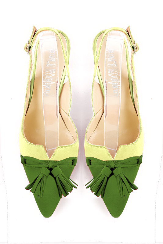 Grass green women's open back shoes, with a knot. Tapered toe. Very high slim heel. Top view - Florence KOOIJMAN